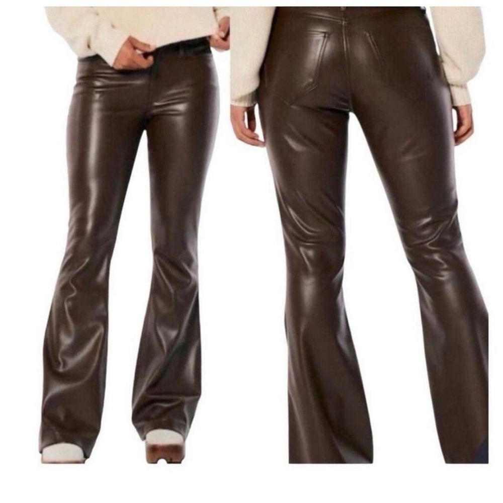 Womens NWT Hollister Co. High Rise Chocolate Vegan Faux Leather Flare Pants